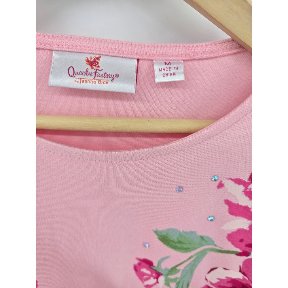 Quacker Factory Top Womens Medium Pink Floral Peony Rhinestone Long Sleeve Tee - Picture 2 of 5